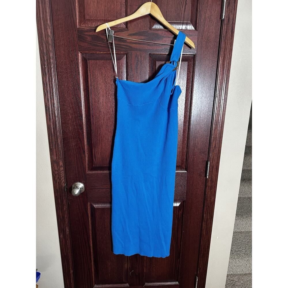 Lulus Blue Ribbed One Shoulder O-Ring Bodycon Midi Dress XL NWT Slit